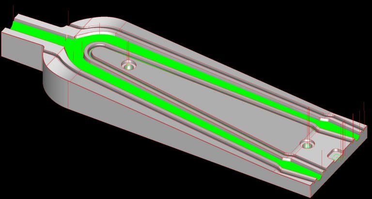 3D CAD rendering of a machined part with tool paths highlighted in green.